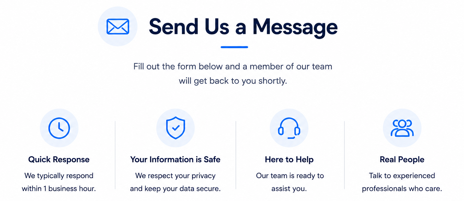 Contact form graphic encouraging visitors to send a message to Kind Cloud Solutions for support, questions, and technology assistance.