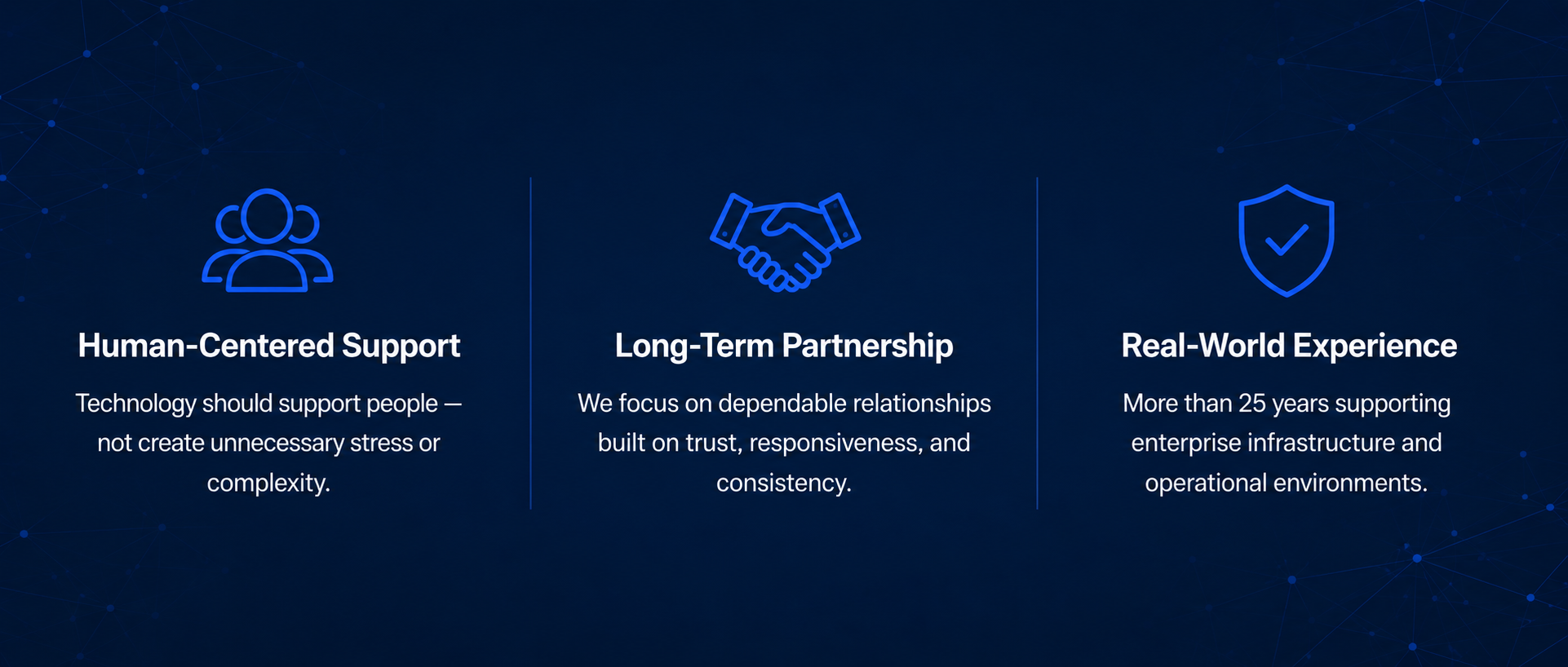 Kind Cloud Solutions values graphic highlighting human-centered support, long-term partnerships, and over 25 years of technology experience.