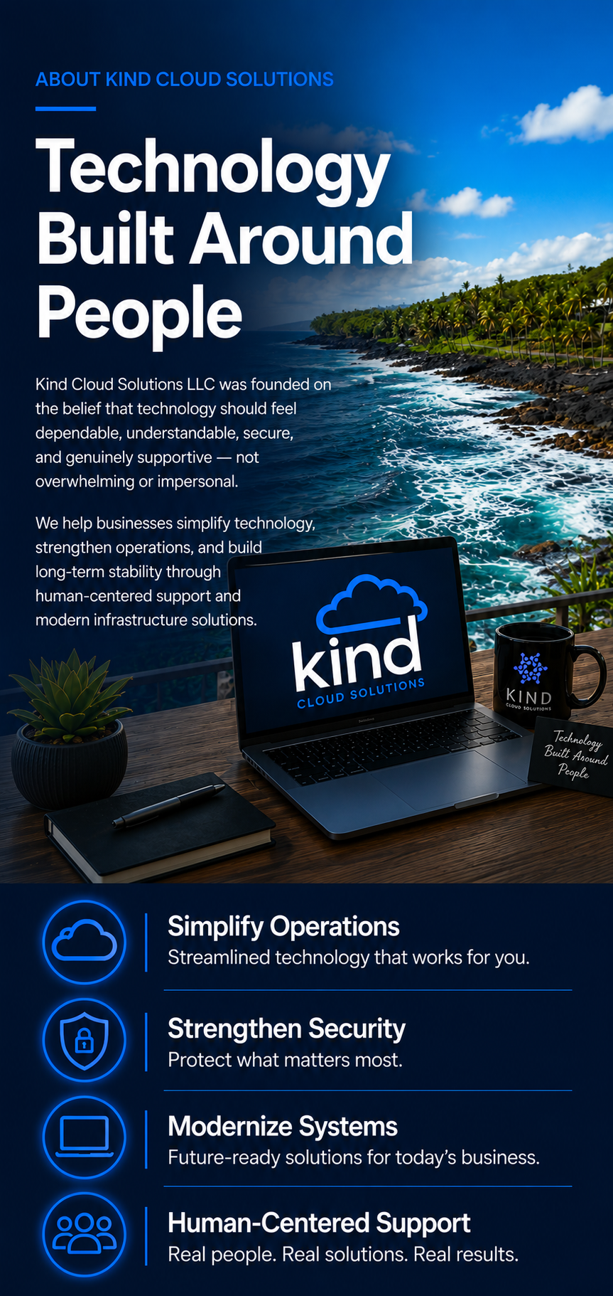 Kind Cloud Solutions mobile About page banner featuring a laptop overlooking the Kona coastline with the message Technology Built Around People.