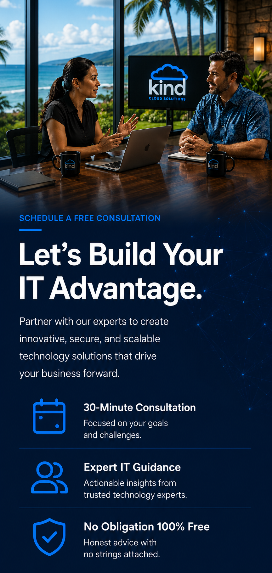 Business professionals meeting with Kind Cloud Solutions to discuss IT strategy, cybersecurity, cloud services, and technology consulting.