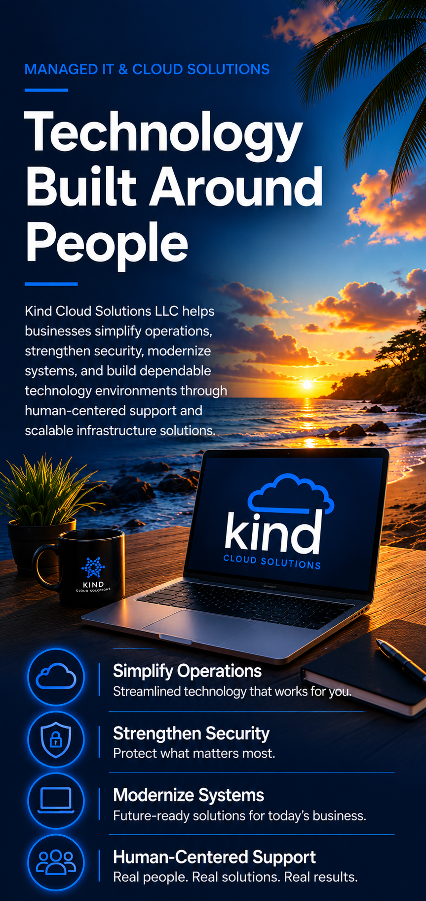 Kind Cloud Solutions mobile banner promoting managed IT, cloud services, cybersecurity, and human-centered technology support.