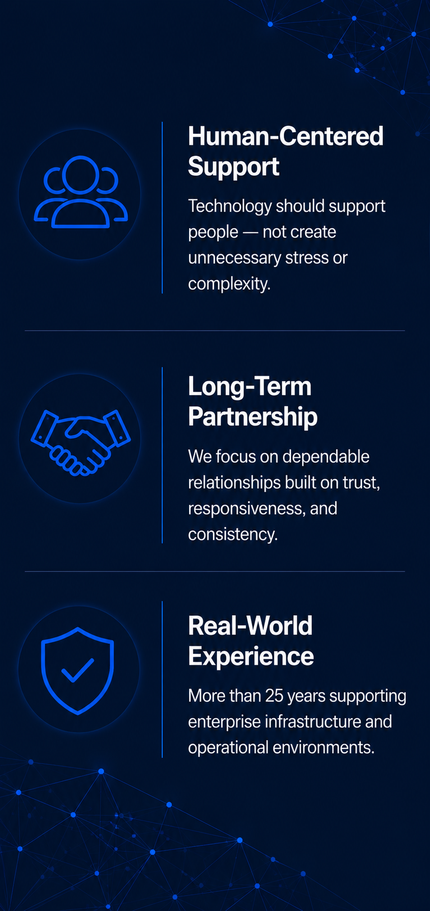 Kind Cloud Solutions values graphic highlighting human-centered support, long-term partnerships, and 25 years of IT experience.