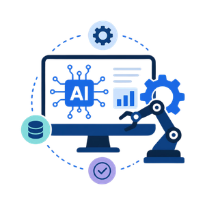 AI and automation icon representing intelligent business automation, workflow optimization, data insights, and productivity enhancement.