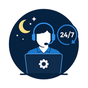 After-hours managed IT support icon representing 24/7 monitoring, overnight system maintenance, and responsive technical support.
