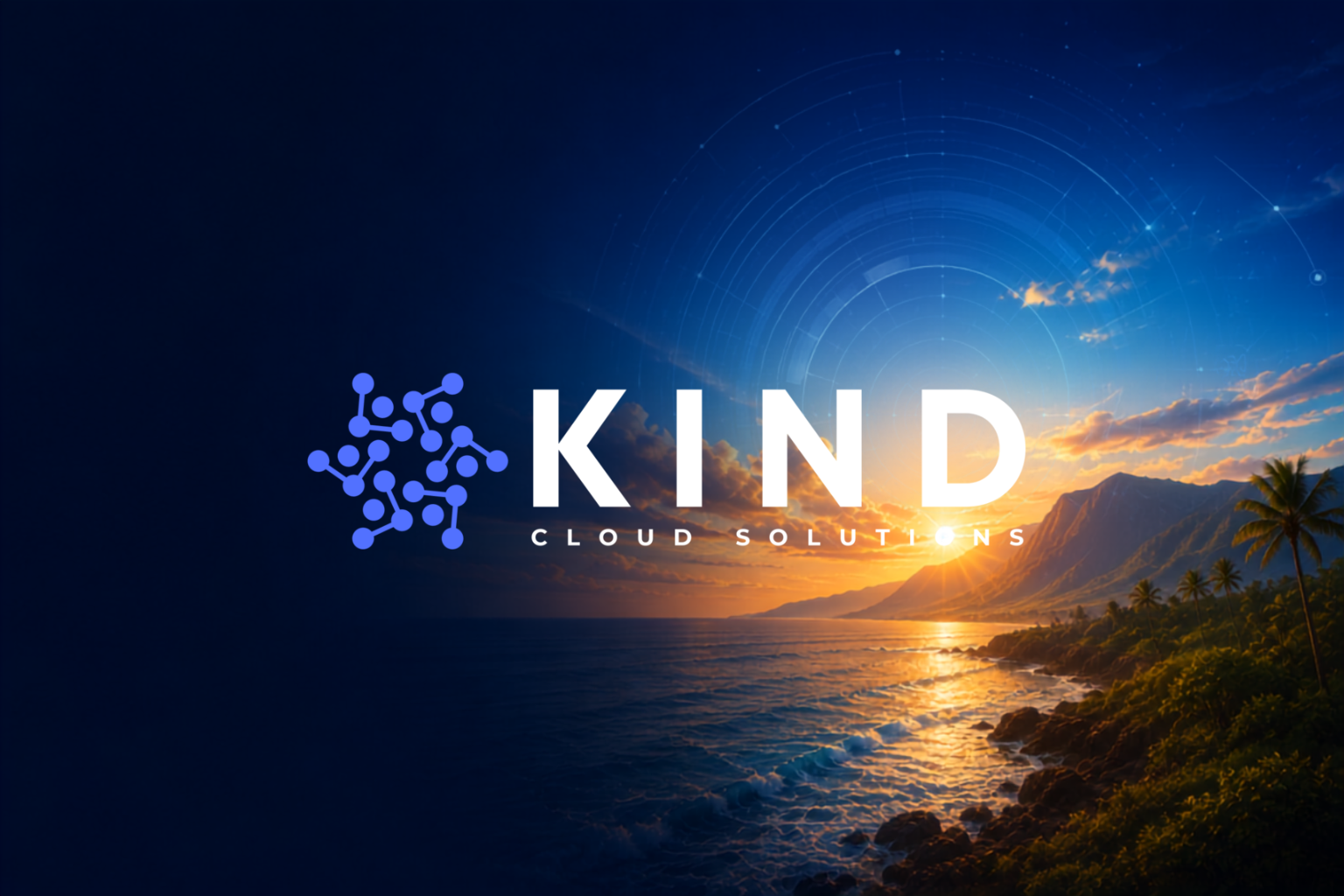 Kind Cloud Solutions logo over a Hawaiʻi coastline, representing purpose-driven technology rooted in people, place, and positive change.